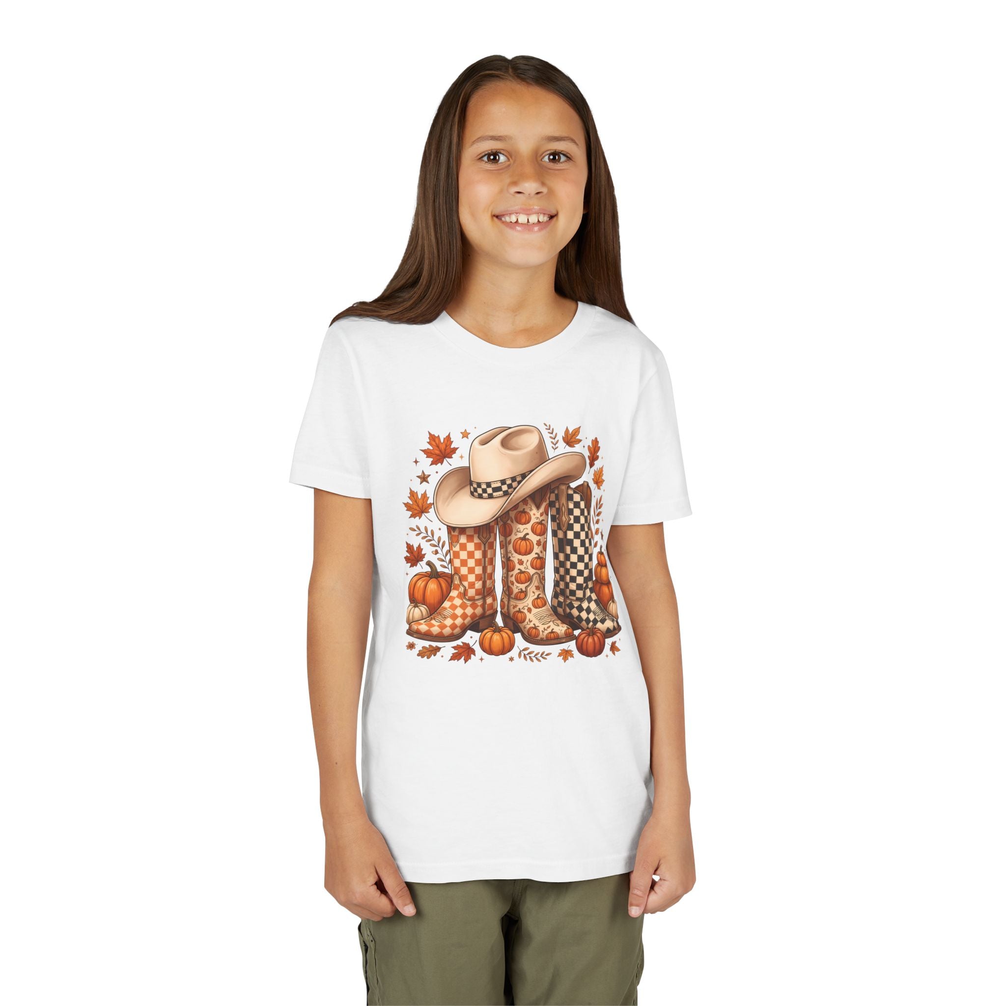 Youth T-Shirt — Fall Cowboy Boots & Pumpkins Autumn Graphic Tee