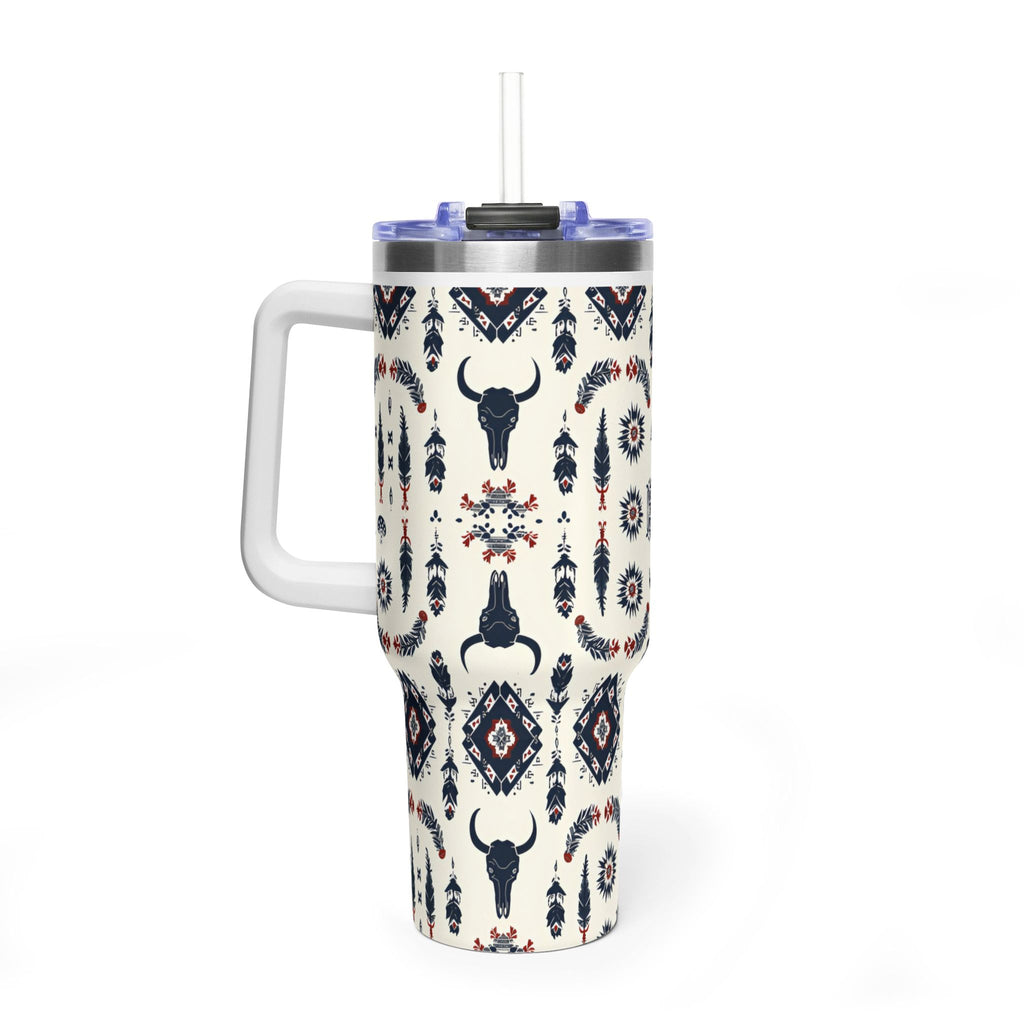 40oz Western Aztec Tumbler - Vacuum Insulated Travel Mug with Bull Skull Pattern