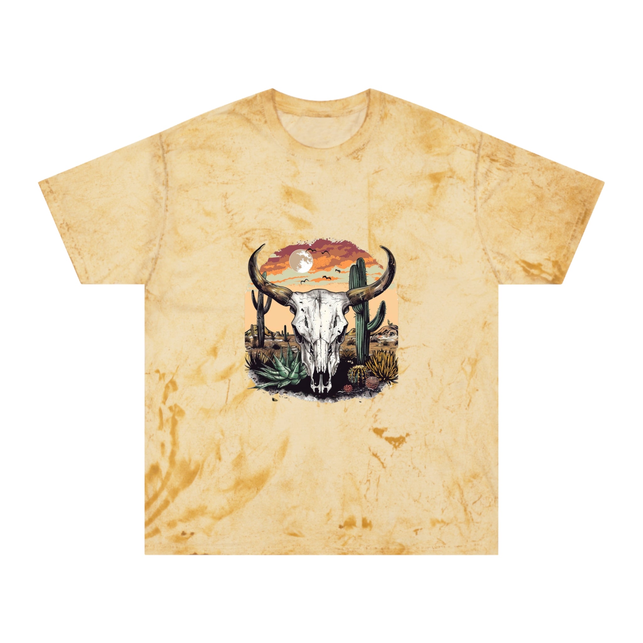 Western Skull Desert T-Shirt — Sunburst Tie-Dye Cactus Graphic