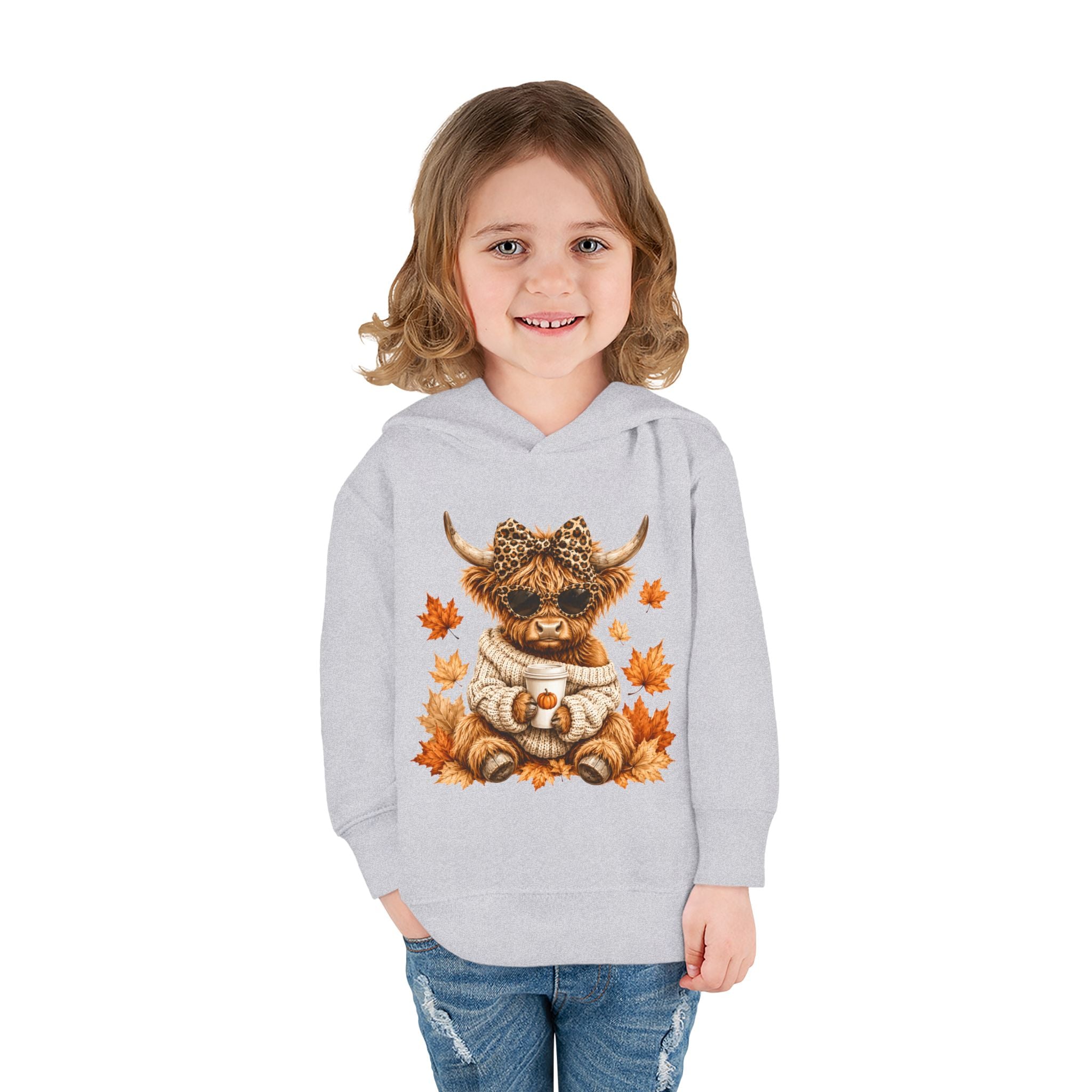 Toddler Hoodie — Autumn Highland Cow in Cozy Sweater (Fall Leaves)