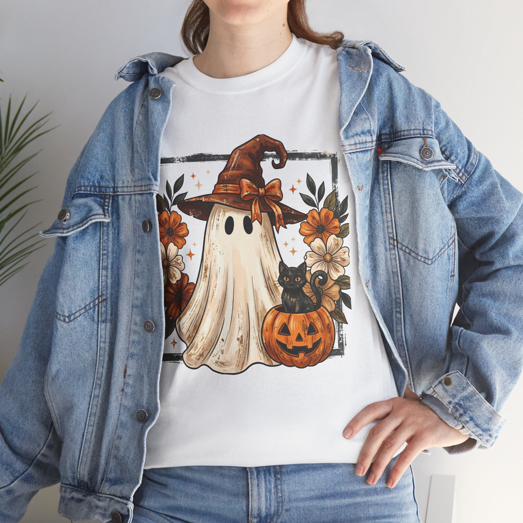 Halloween Ghost Tee — Cute Ghost in Witch Hat with Pumpkin & Flowers