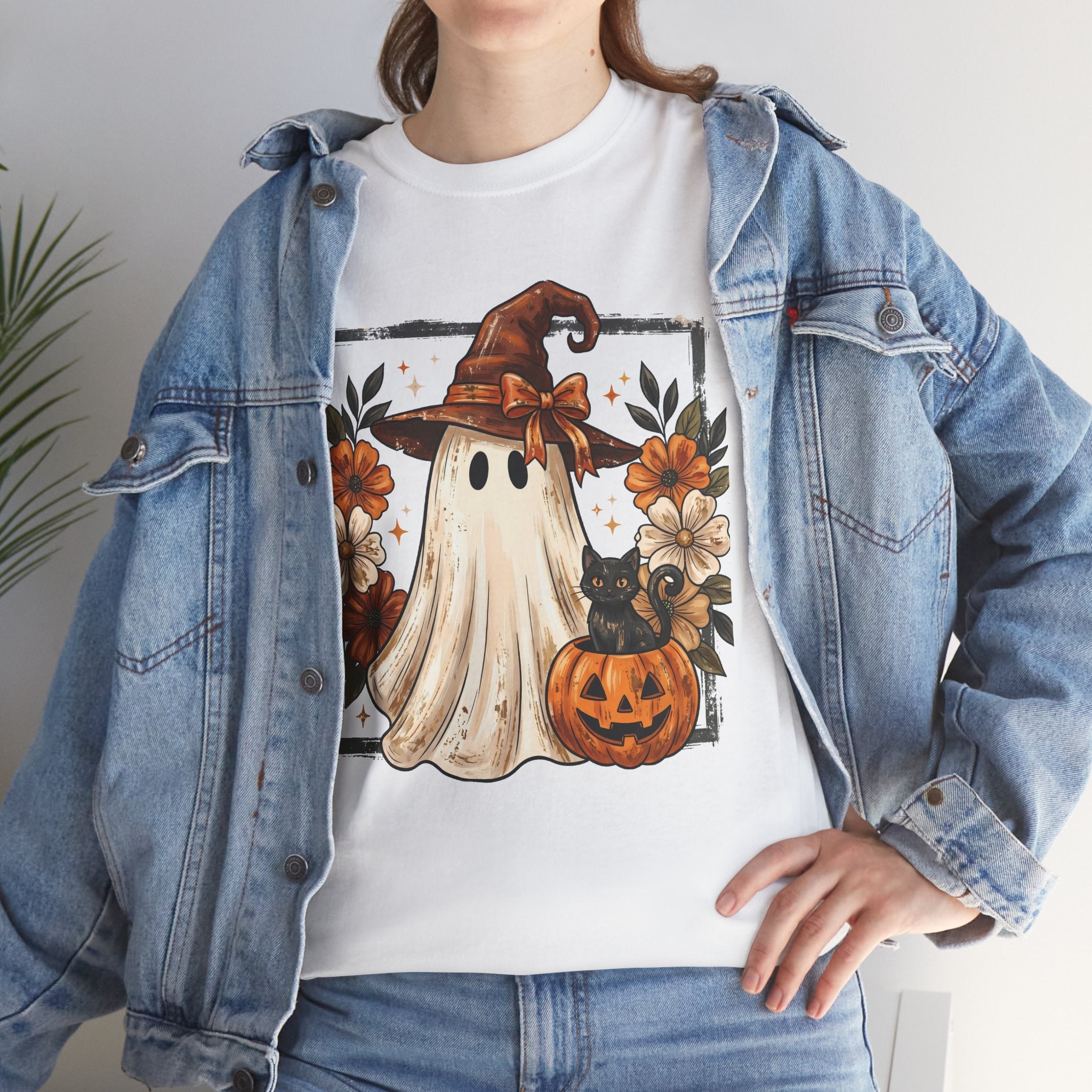 Halloween Ghost Tee — Cute Ghost in Witch Hat with Pumpkin & Flowers