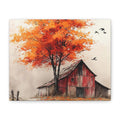 A square canvas wall art print depicting a rustic red barn under a large tree with vibrant orange and red autumn leaves, with three black birds flying in a pale sky.