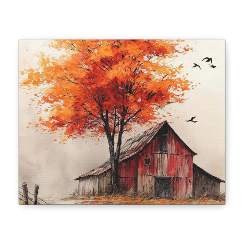 A square canvas wall art print depicting a rustic red barn under a large tree with vibrant orange and red autumn leaves, with three black birds flying in a pale sky.