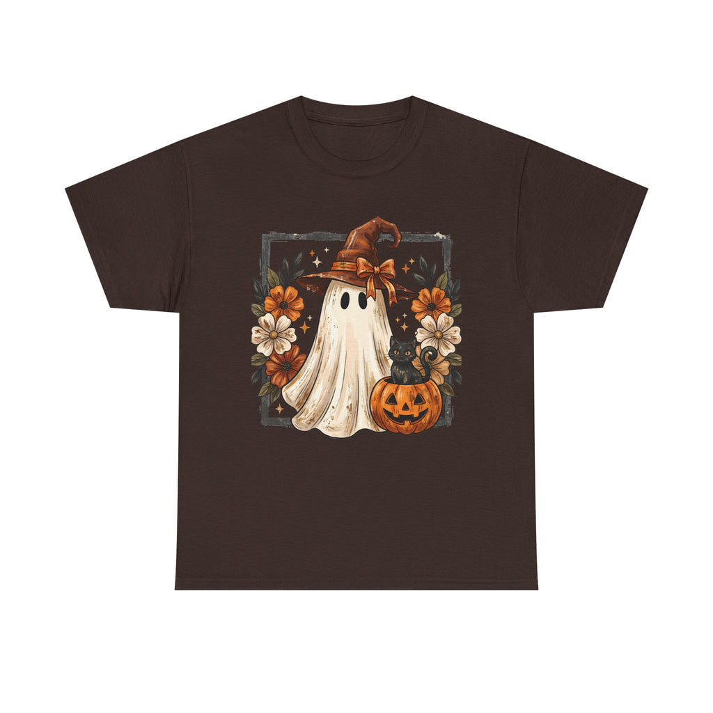 Halloween Ghost Tee — Cute Ghost in Witch Hat with Pumpkin & Flowers