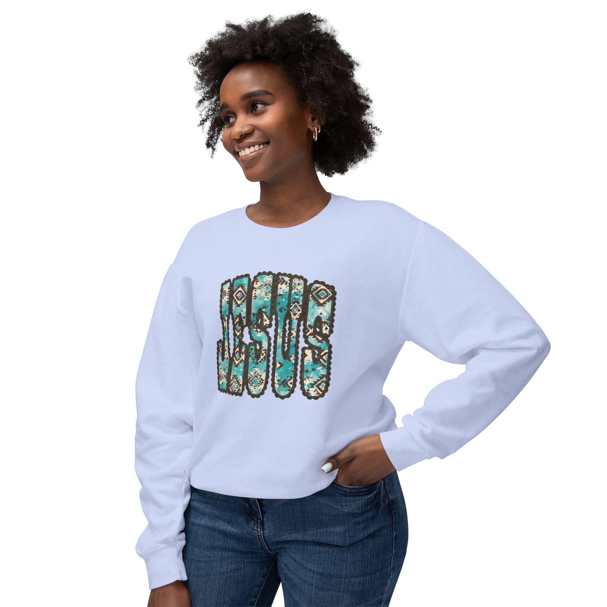 Jesus Floral Crewneck Sweatshirt — Turquoise Boho Faith Pullover