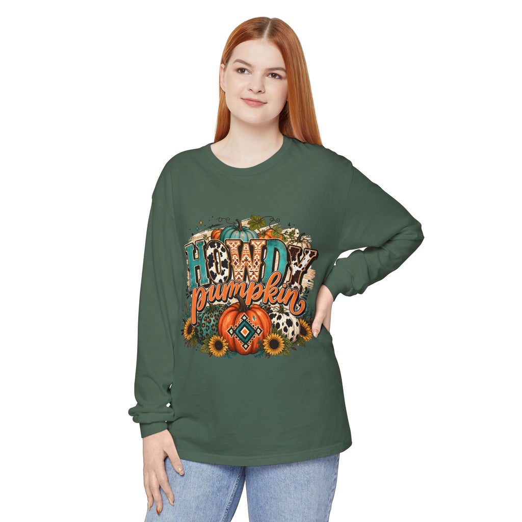 Howdy Pumpkin Long Sleeve Tee — Fall Pumpkin & Sunflower Graphic Shirt