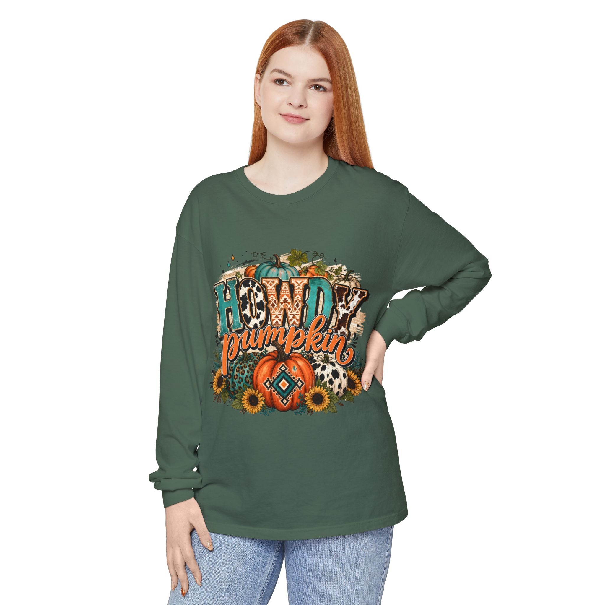 Howdy Pumpkin Long Sleeve Tee — Fall Pumpkin & Sunflower Graphic Shirt