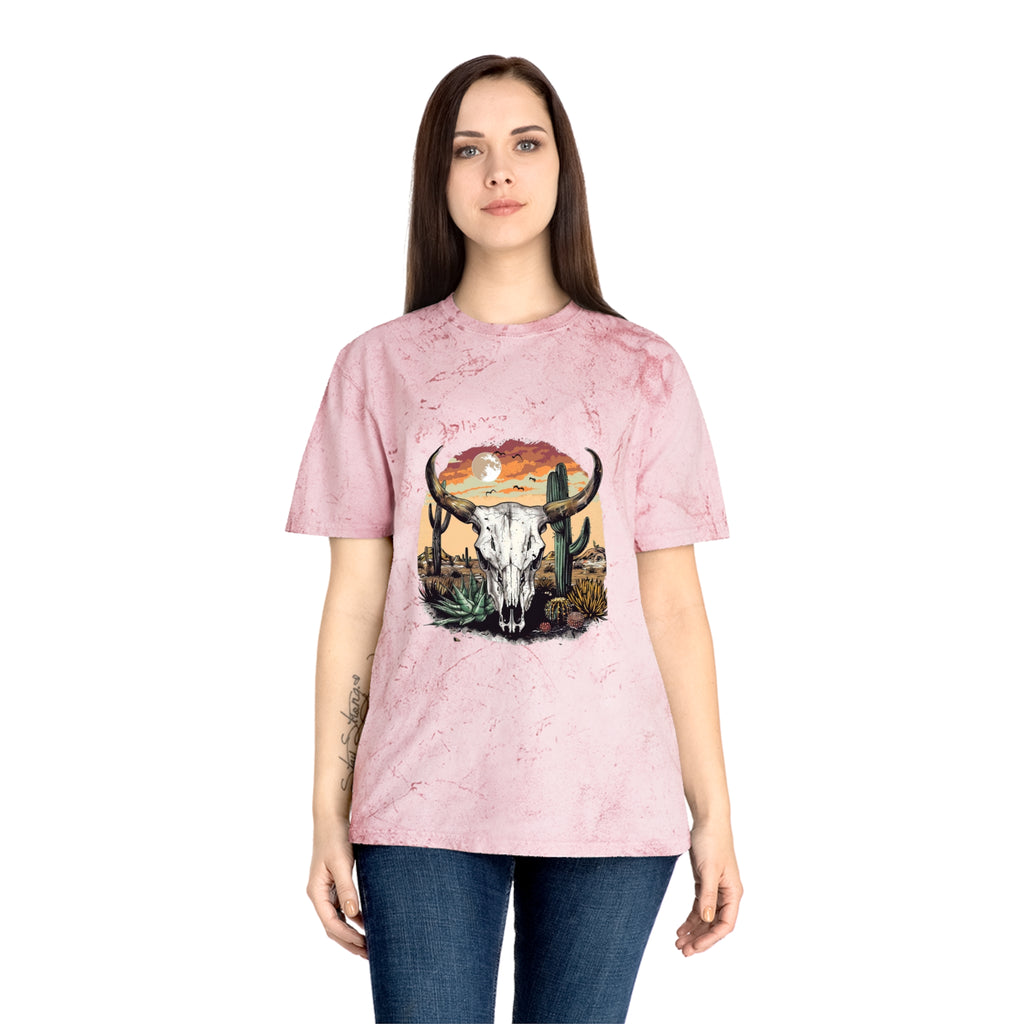 Western Skull Desert T-Shirt — Sunburst Tie-Dye Cactus Graphic