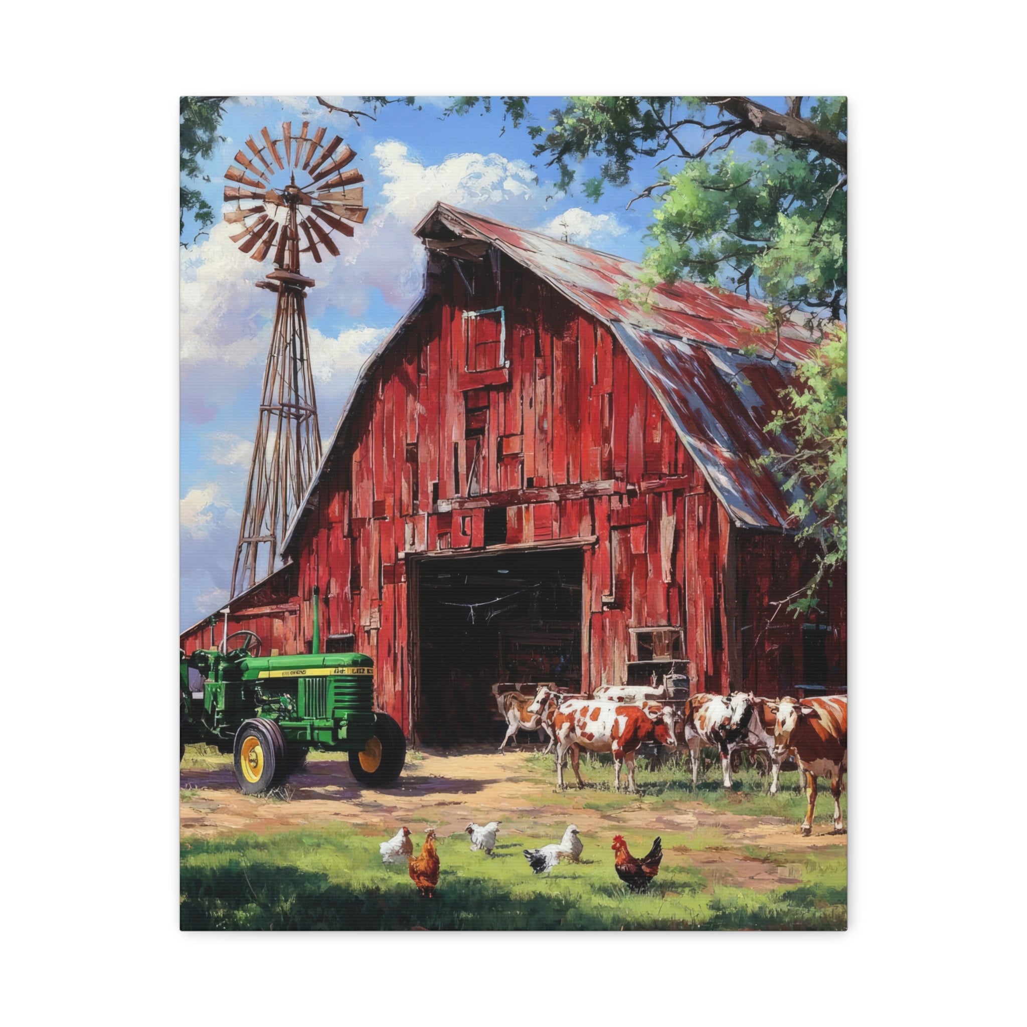 Rustic Red Barn Farm Canvas Print — Country Tractor & Animals Wall Art
