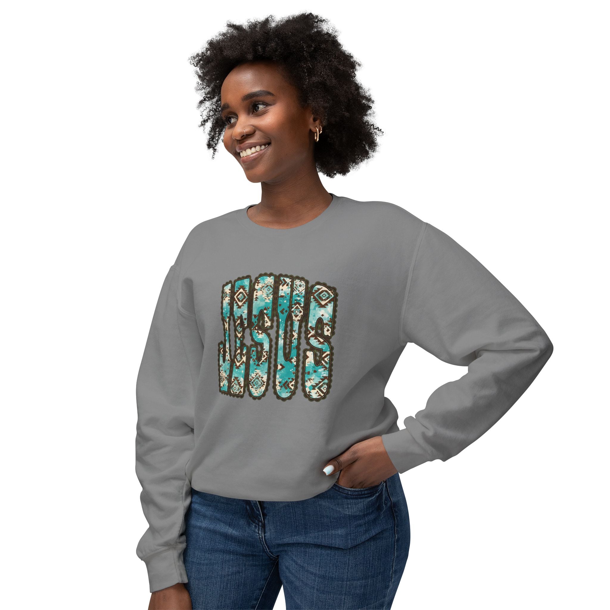 Jesus Floral Crewneck Sweatshirt — Turquoise Boho Faith Pullover