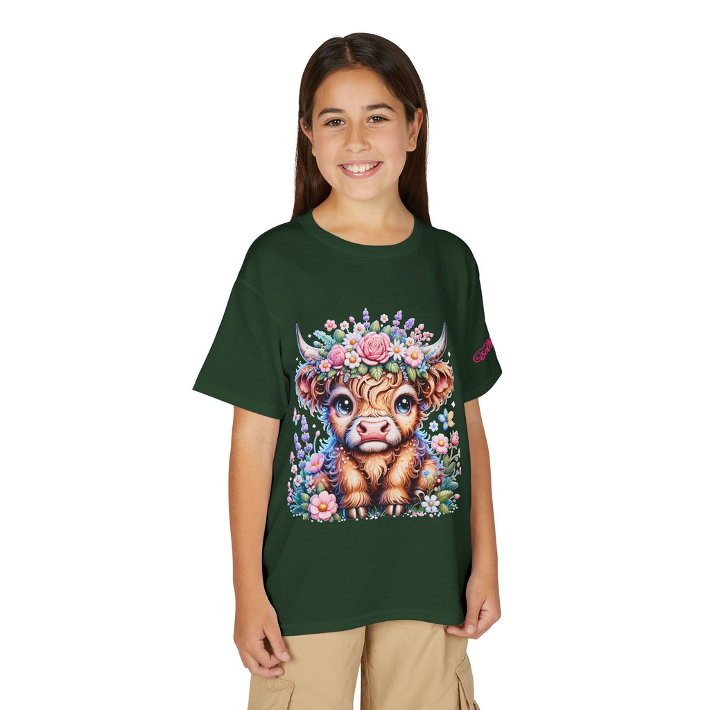 Cute Highland Calf Floral Youth T-Shirt
