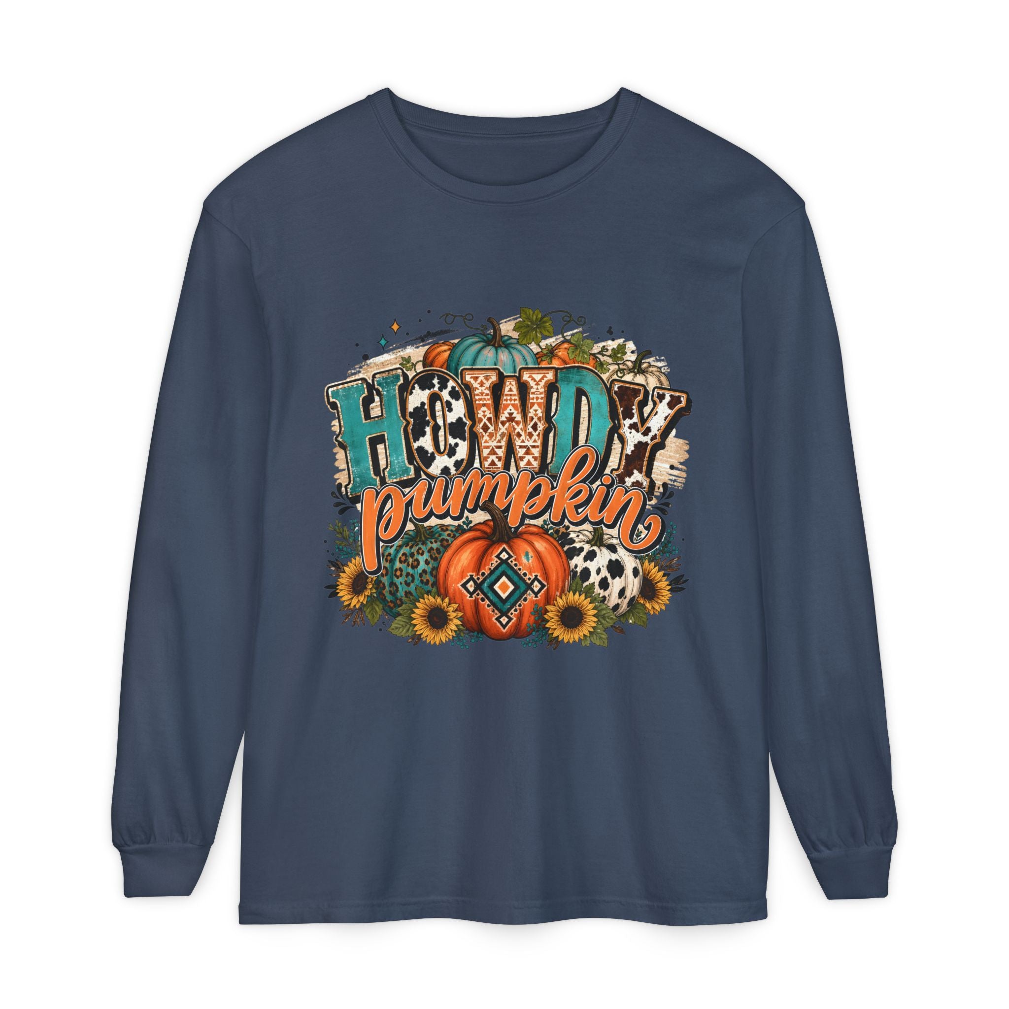 Howdy Pumpkin Long Sleeve Tee — Fall Pumpkin & Sunflower Graphic Shirt