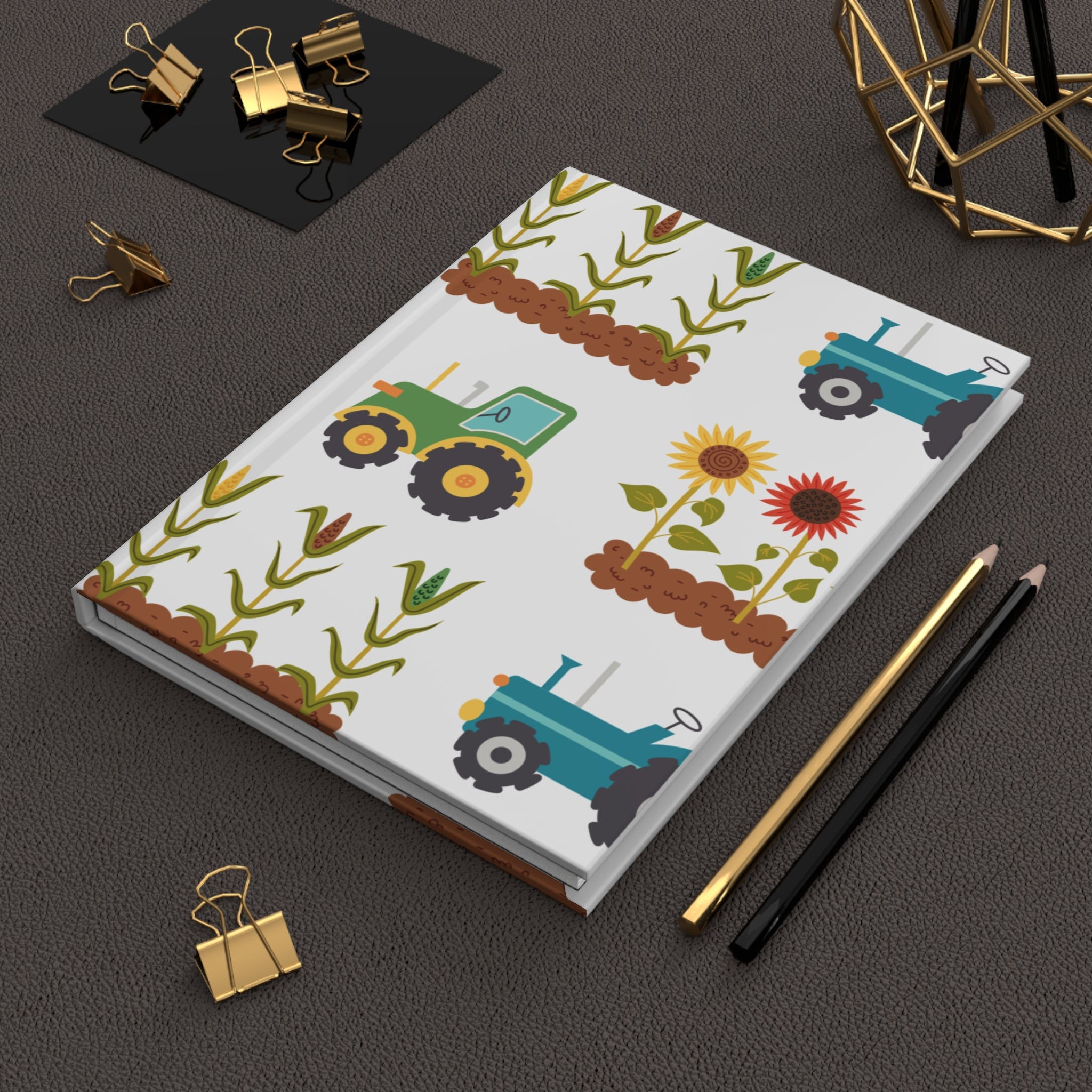 Farm Tractor Pattern Hardcover Journal — Sunflowers & Cornfield Notebook