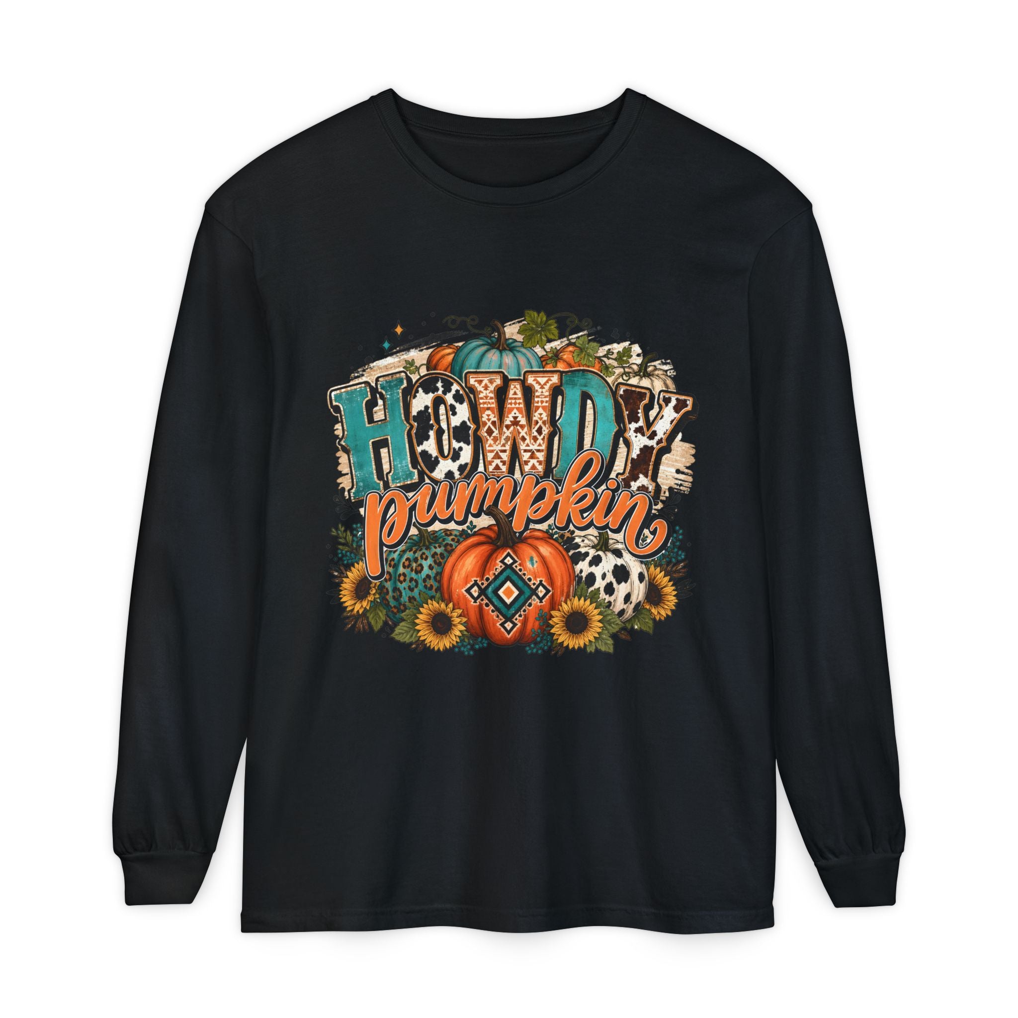 Howdy Pumpkin Long Sleeve Tee — Fall Pumpkin & Sunflower Graphic Shirt