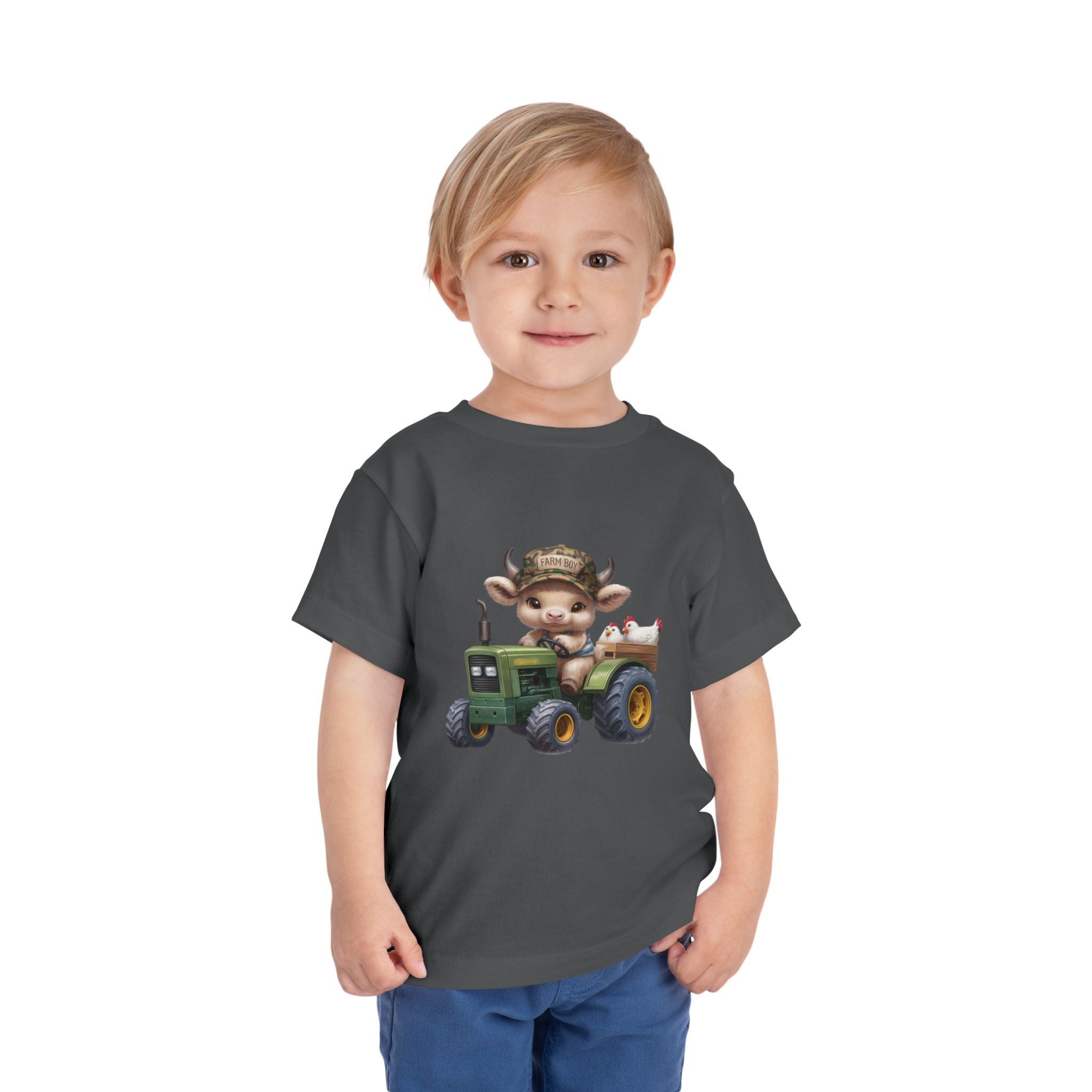 Toddler Tee — Cute Baby Cow on Green Tractor Cute Farm Animal Shirt