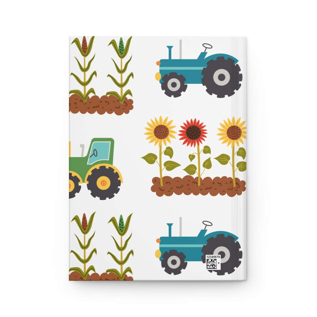 Farm Tractor Pattern Hardcover Journal — Sunflowers & Cornfield Notebook