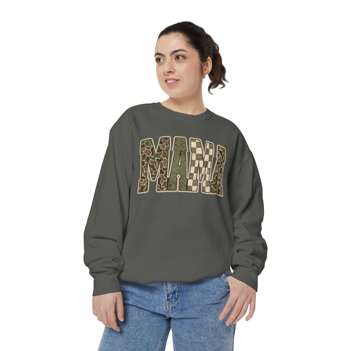 MAMA Camo Patch Sweatshirt — Women's Mama Graphic Crewneck