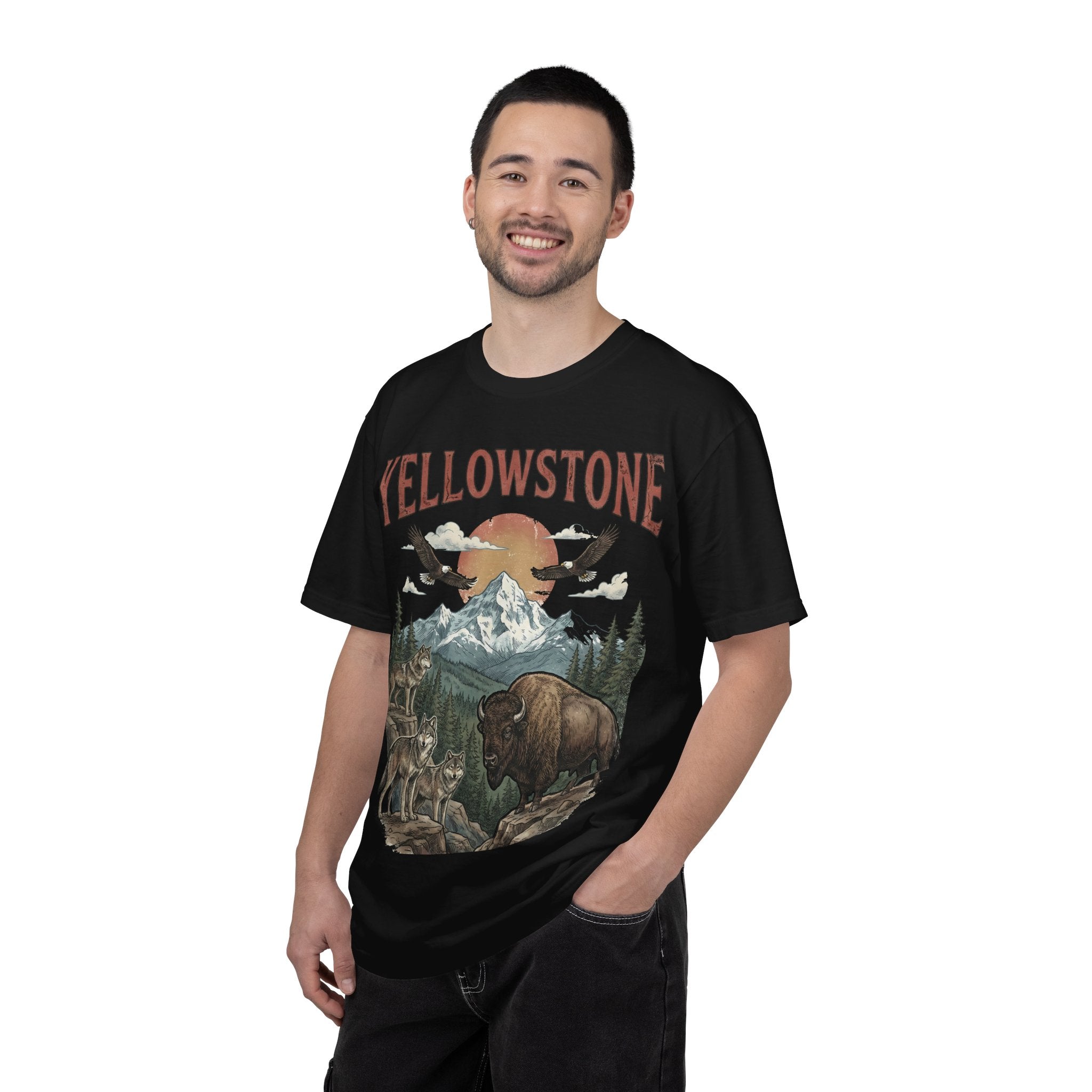 Yellowstone Wildlife Graphic T-Shirt — Vintage Bison, Wolves & Mountain Nature Tee