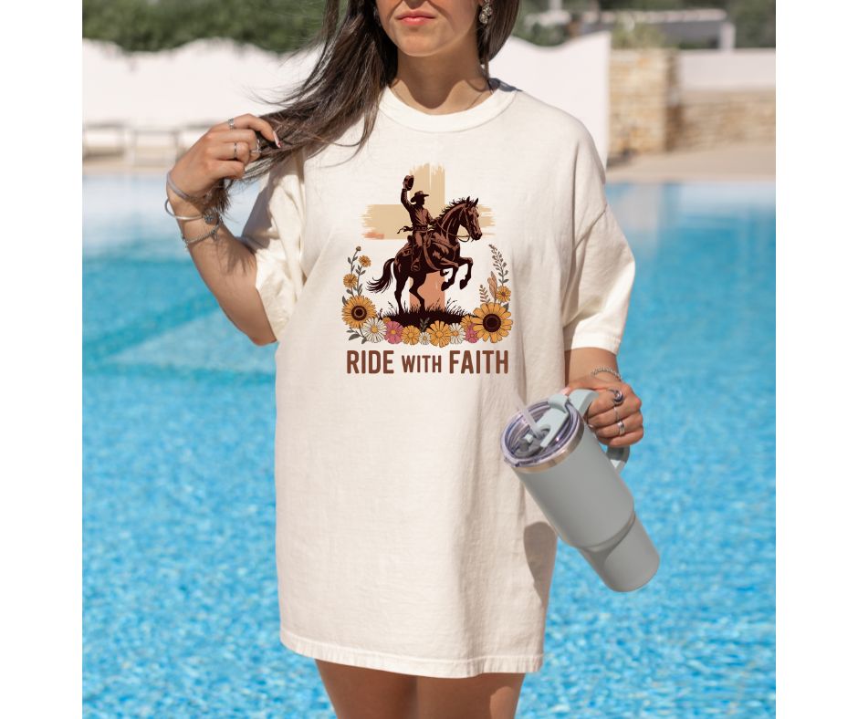Ride With Faith Cowboy T-Shirt – Western Horse Graphic with Sunflowers