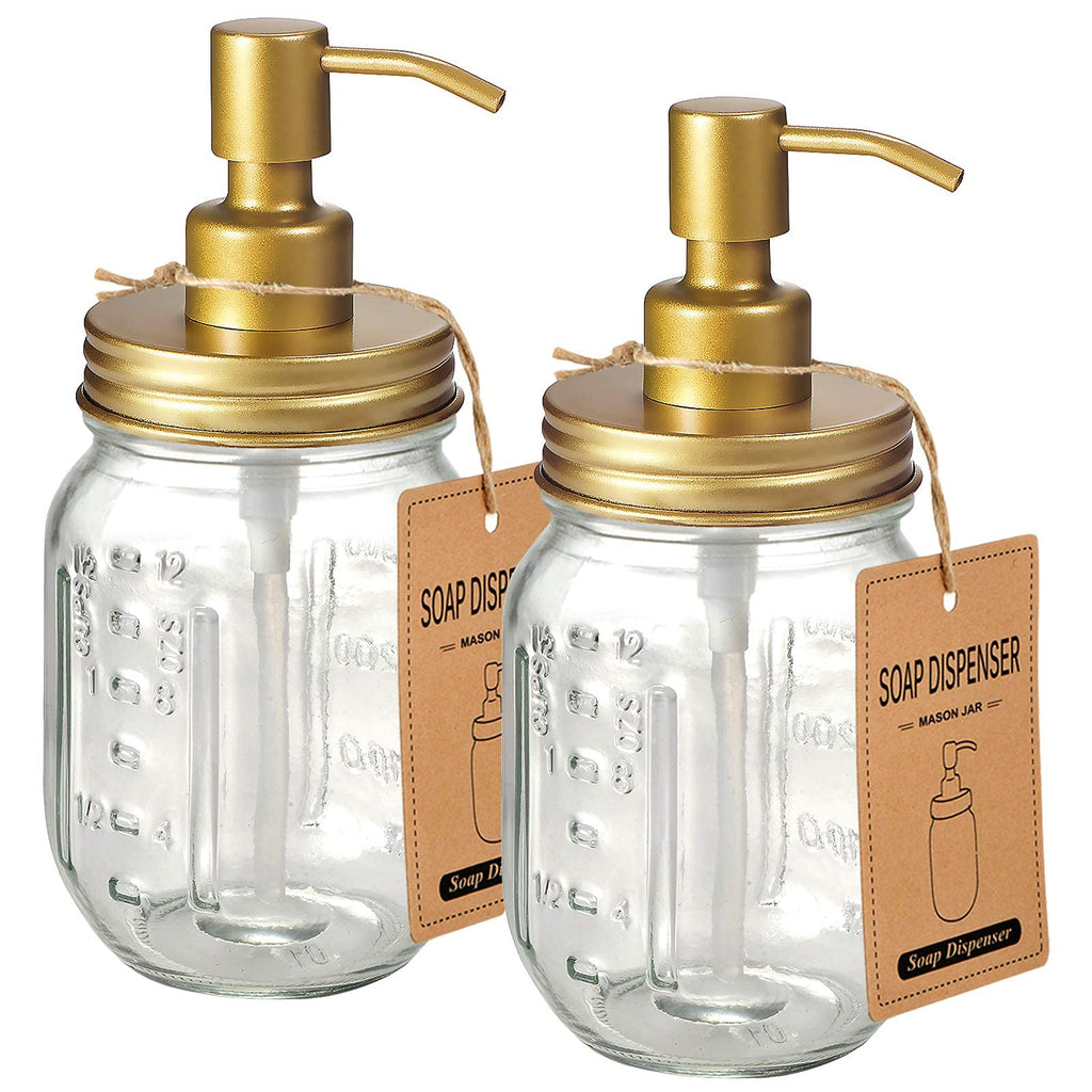 Amolliar Mason Jar Liquid Soap Dispenser -Rustproof Stainless Steel Farmhouse Decor for Bathroom VanitiesKitchen Sink/ Liquid Soap Pumps for Hand SoapDish SoapLotions/Golden -2 Pack