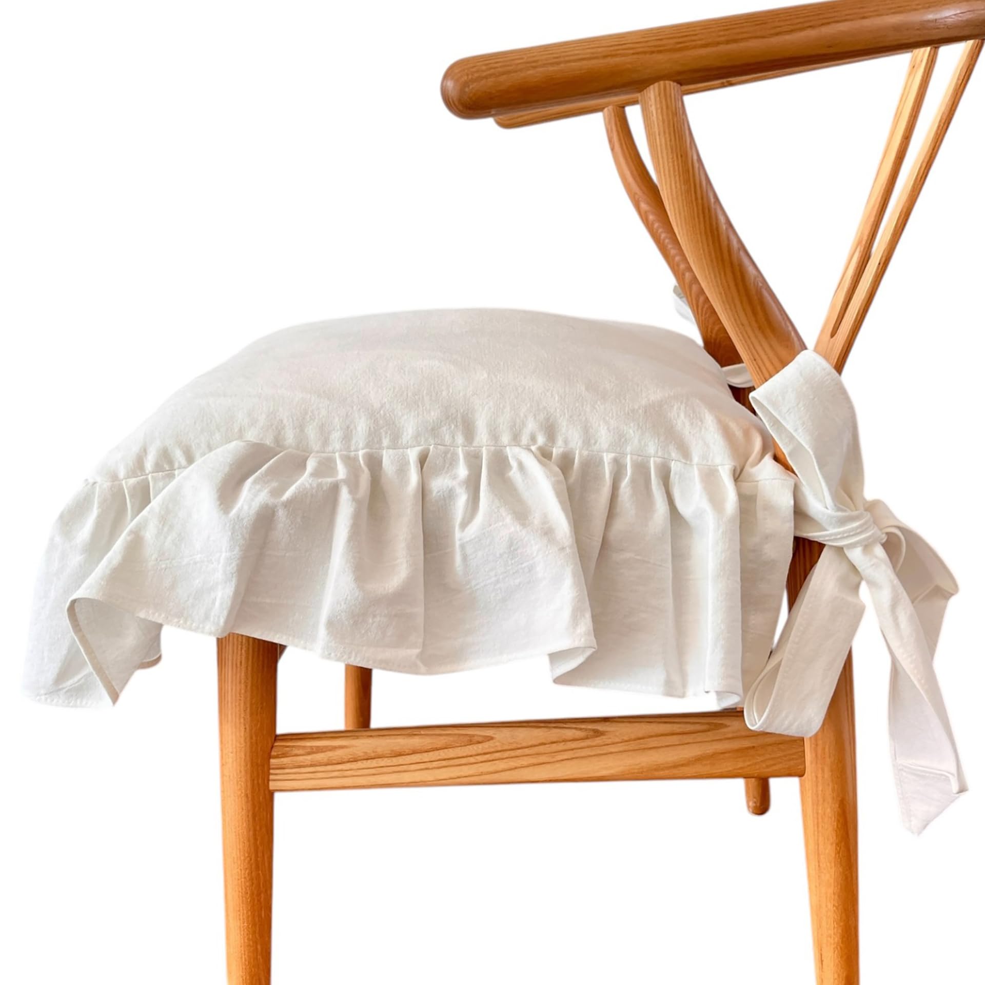 cozymomdeco Korean Made Chair Pad Slipcover 18x18 Chair Cushion Cover Ties with Ruffle Farmhouse Decor NO Cushion Insert Included (Ivory)